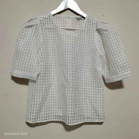 Stradivarius Size Large White Sheer Checkered Puff Sleeve Blouse Keyhole Back - Picture 1 of 6